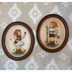 Vintage Set of 2 Goebel M I Hummel Oval Ceramic Wall Plaques Boy Girl Nursery